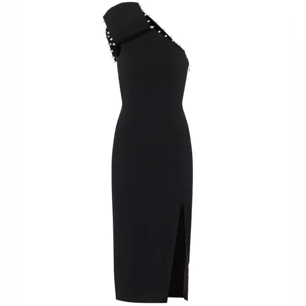Rebecca Vallance || Pipi Bow & Pearls Crepe Midi Dress One Shoulder Black‎ 4